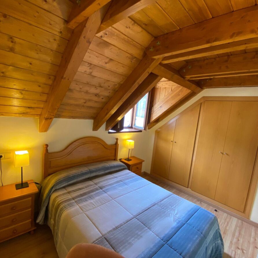 Habitación acogedora con techo de madera, cama doble, mesitas de noche y armario empotrado. Iluminación suave y ventana que aporta luz natural. Ideal para una escapada relajante.