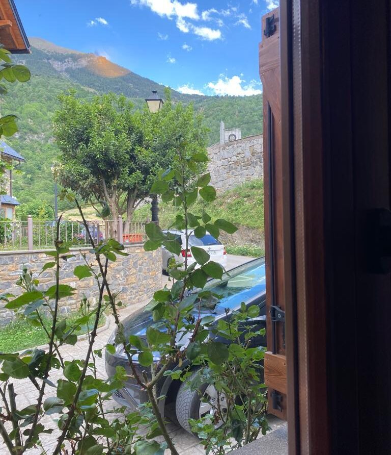 Vista desde una ventana que muestra un paisaje montañoso con árboles y un coche negro estacionado en un camino de piedra. Al fondo, se aprecia una estructura arquitectónica y un cielo parcialmente nublado.