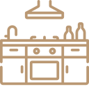 Icono de una cocina moderna con horno, grifo y estantes para utensilios, representando un espacio funcional y estético.